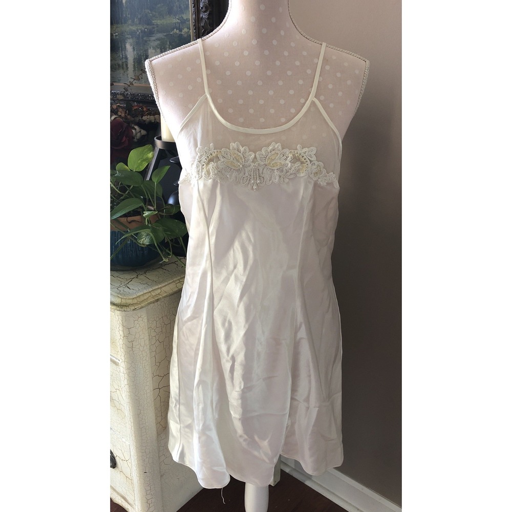 Vtg Cinema Etoile Bridal Nightgown Ivory Satin Sequins Lace Pearls USA Women's M
